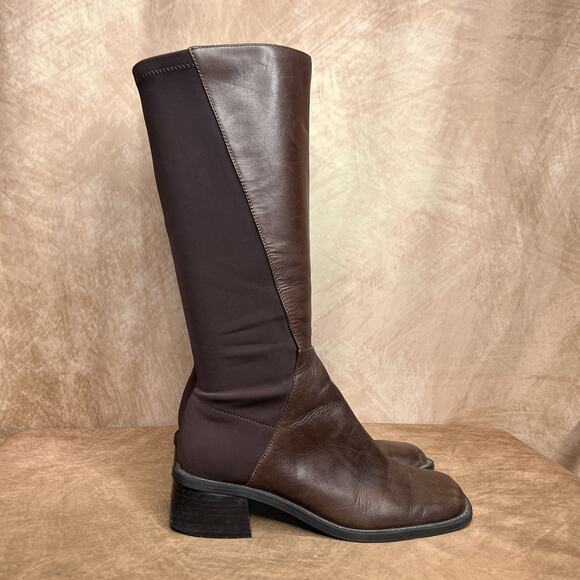 Vintage Y2K Jasmin Collection Sharon Two Tone Patchwork Leather Knee High Boots - Picture 9 of 10